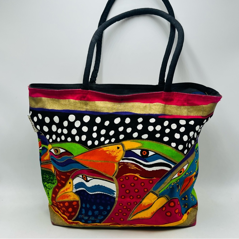 Laurel Burch Sky Spirit Tropical Bird Print Tote Bag Canvas Vibrant Zip Artsy - Picture 6 of 9